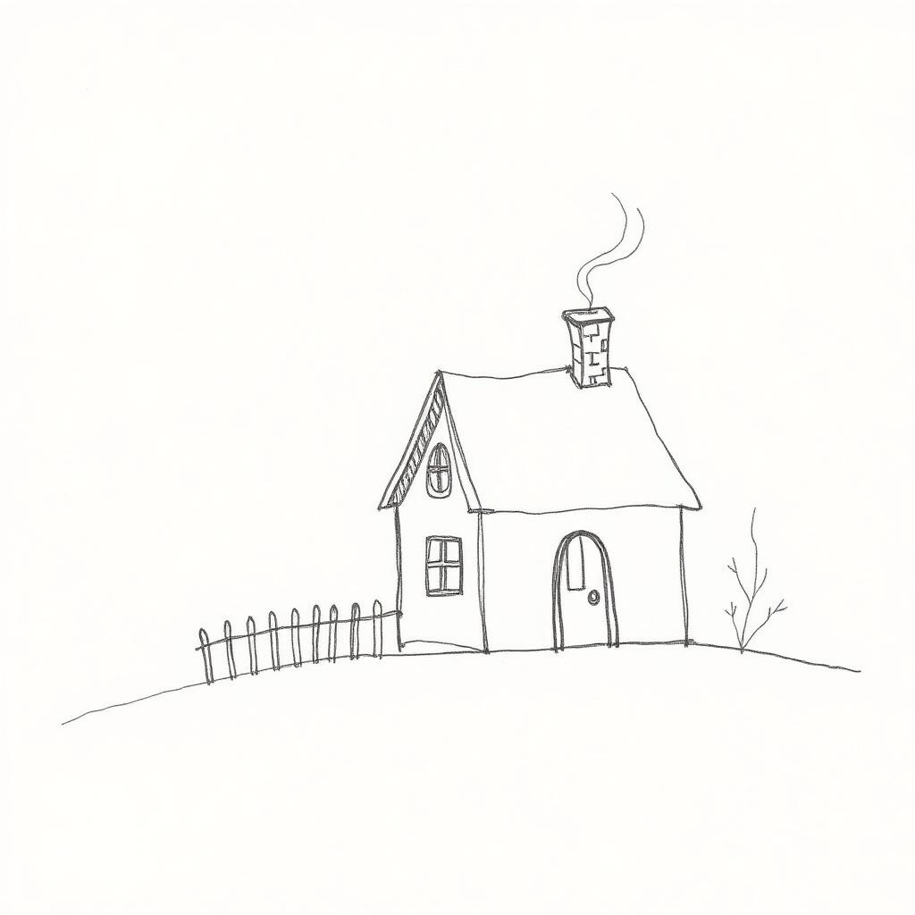 Pencil drawing of a small cottage on a hill with smoke rising from the chimney